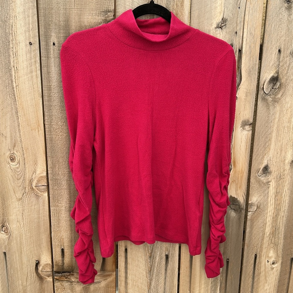 By Anthropologie Ruched-Sleeve Turtleneck Top in Raspberry size Small - Picture 6 of 9